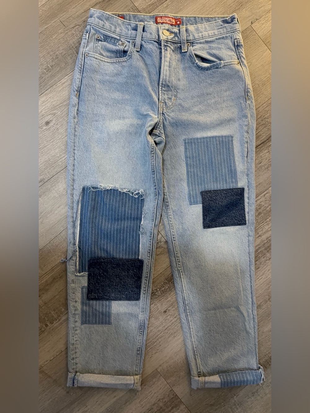 Mid Rise Straight Leg Patchwork Denim